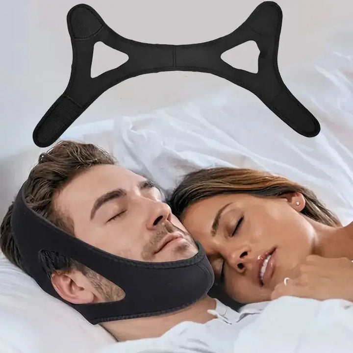 Anti-snoring chin strap for mouth breathing sleep aid, soft neoprene, one size fits all, promotes restful sleep and snoring relief.