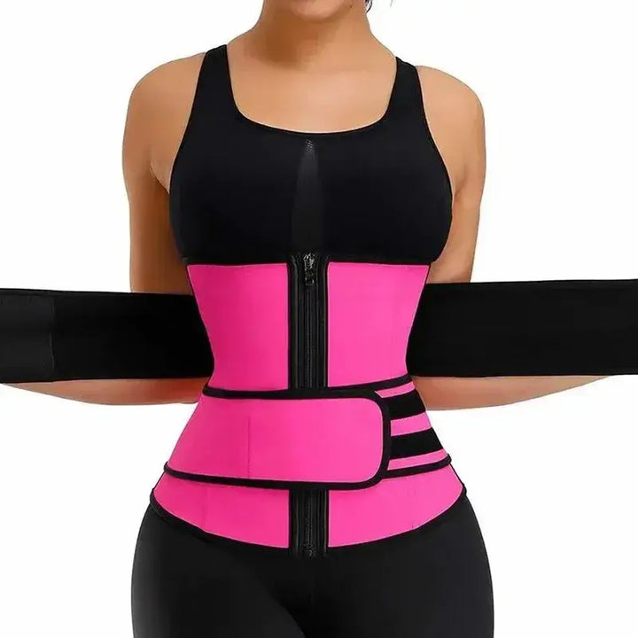 BESTELX women's shapewear with zipper for belly retraction, neoprene sweat belt for waist support, in vibrant pink hue.