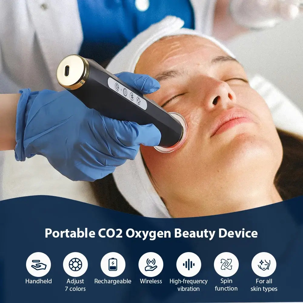 Portable CO2 Oxygen Facial Machine in use for skin care treatment, highlighting adjustable colors, wireless function, and skin rejuvenation benefits.