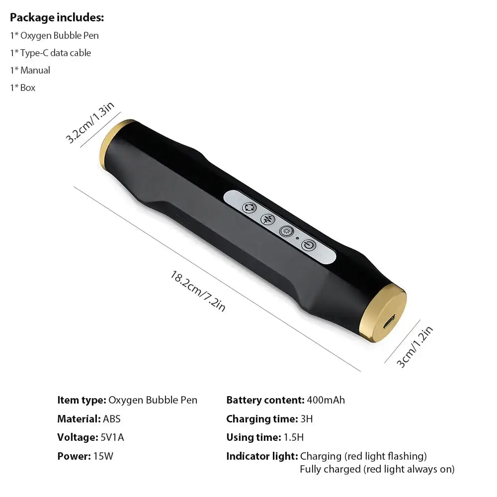 Oxygen Bubble Pen with specifications including ABS material, 400mAh battery, and charging details, showcased with package contents.