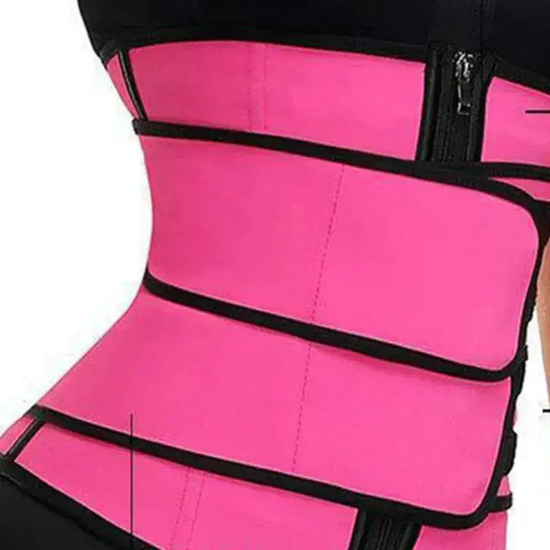 Pink neoprene shapewear belt with zipper, providing belly retraction and waist support for women, enhancing fitness and shape.