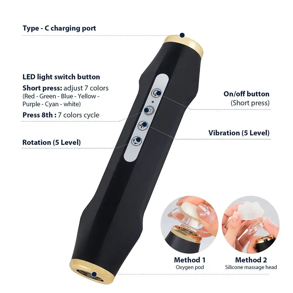 Portable facial machine showcasing buttons and methods, for skin rejuvenation and care, includes LED light and vibration settings.