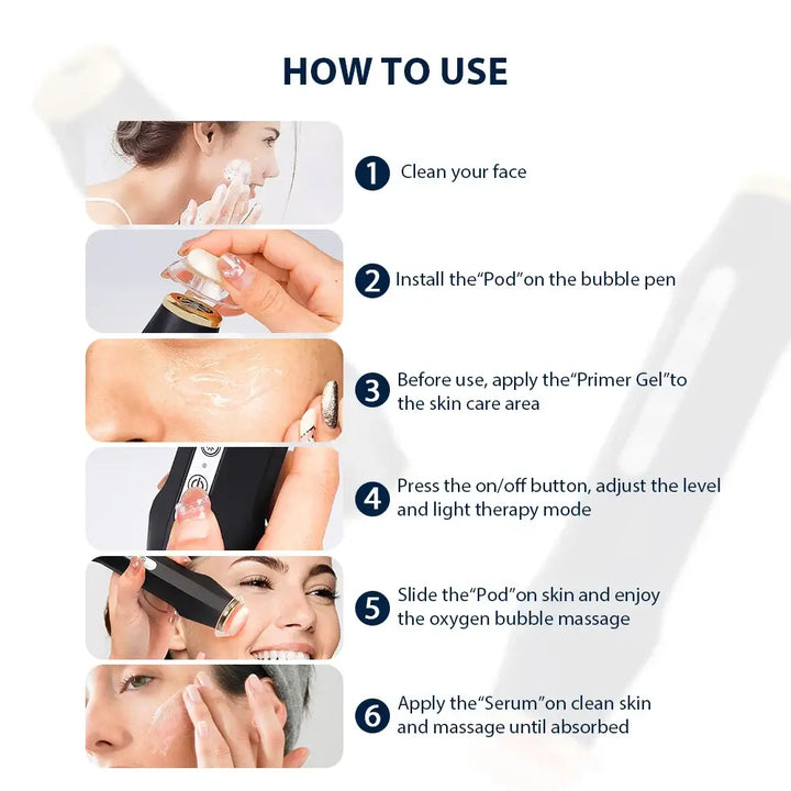 Instructions on using the Oxygen Bubble Pen for facial rejuvenation, including steps for cleansing, applying gel, and enjoying the bubble massage.