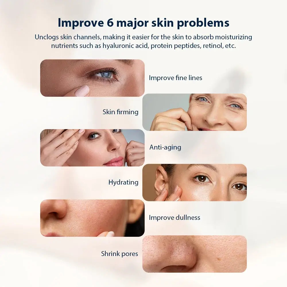 "Infographic showing benefits of skincare: improve fine lines, skin firming, anti-aging, hydrating, improve dullness, and shrink pores."