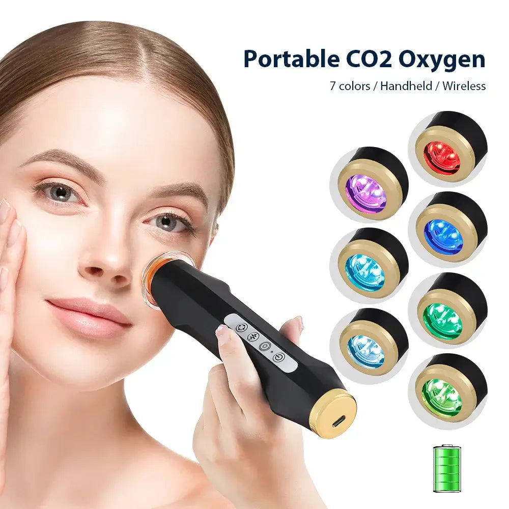 Woman using portable CO2 oxygen facial machine with 7 color settings for skin care rejuvenation, handheld and wireless device.