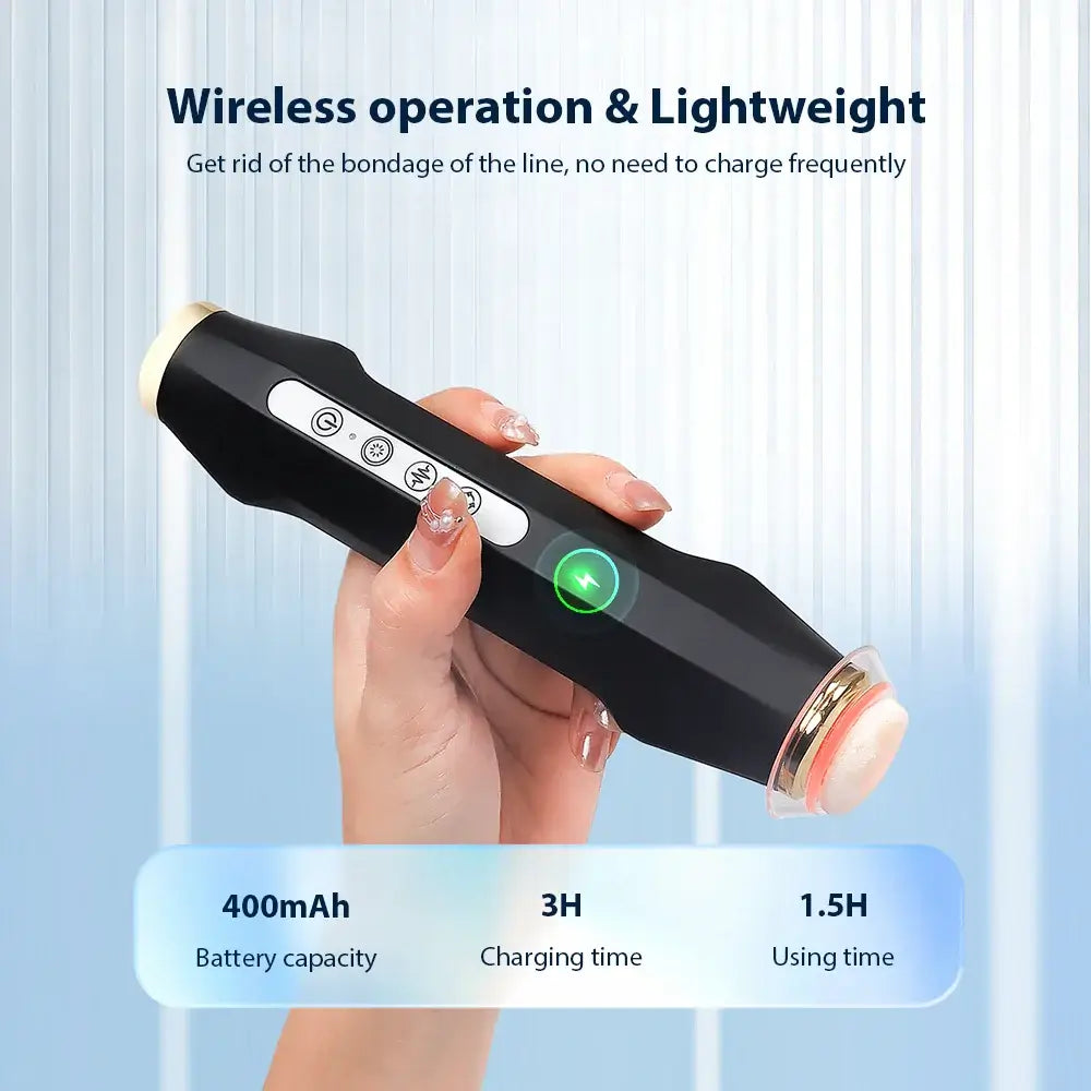 Hand holding Oxygen Bubble Facial Machine, wireless and lightweight design, 400mAh battery, 3-hour charge for 1.5-hour use.