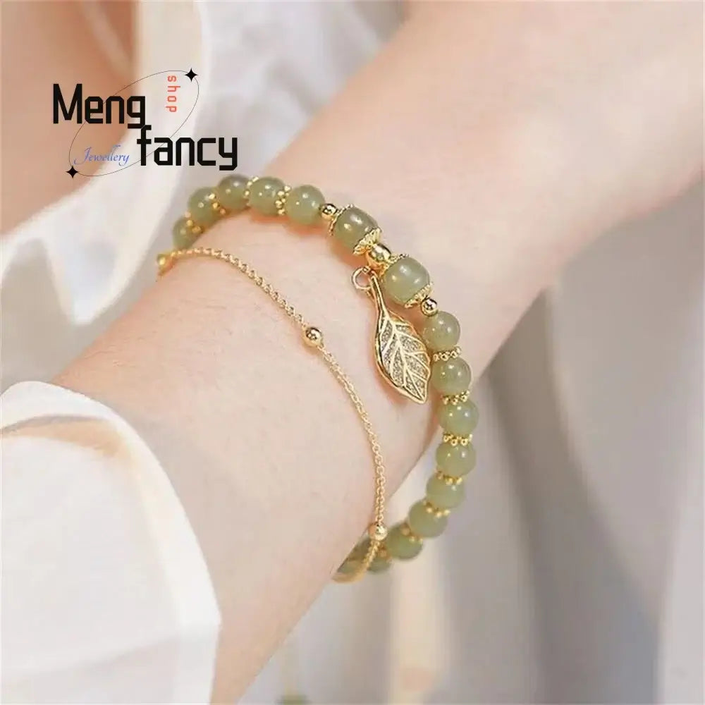 Displaying the adjustable feature of the Branch Jade Bracelet for a perfect fit.
