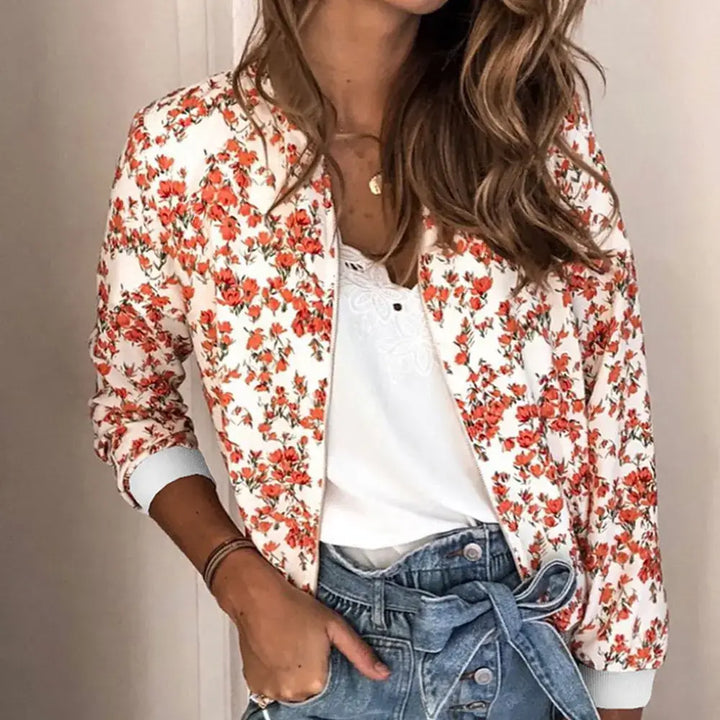 Elegant rose red and white bomber women's jacket, blending romance and freshness for a unique style.