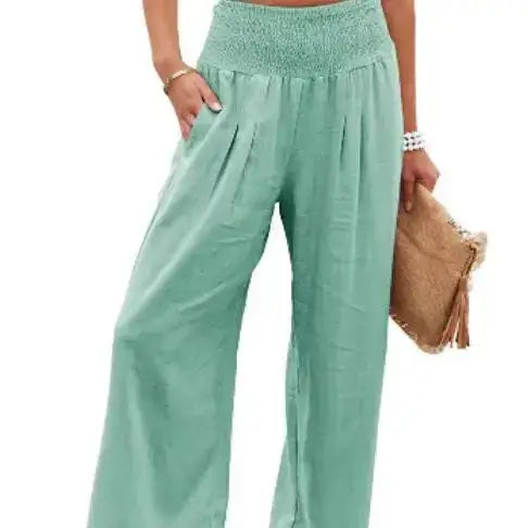 Elegant emerald elastic waist pants crafted from soft fabric, offering durability and a trendy look, ideal for casual wear and stylish outfit combinations.