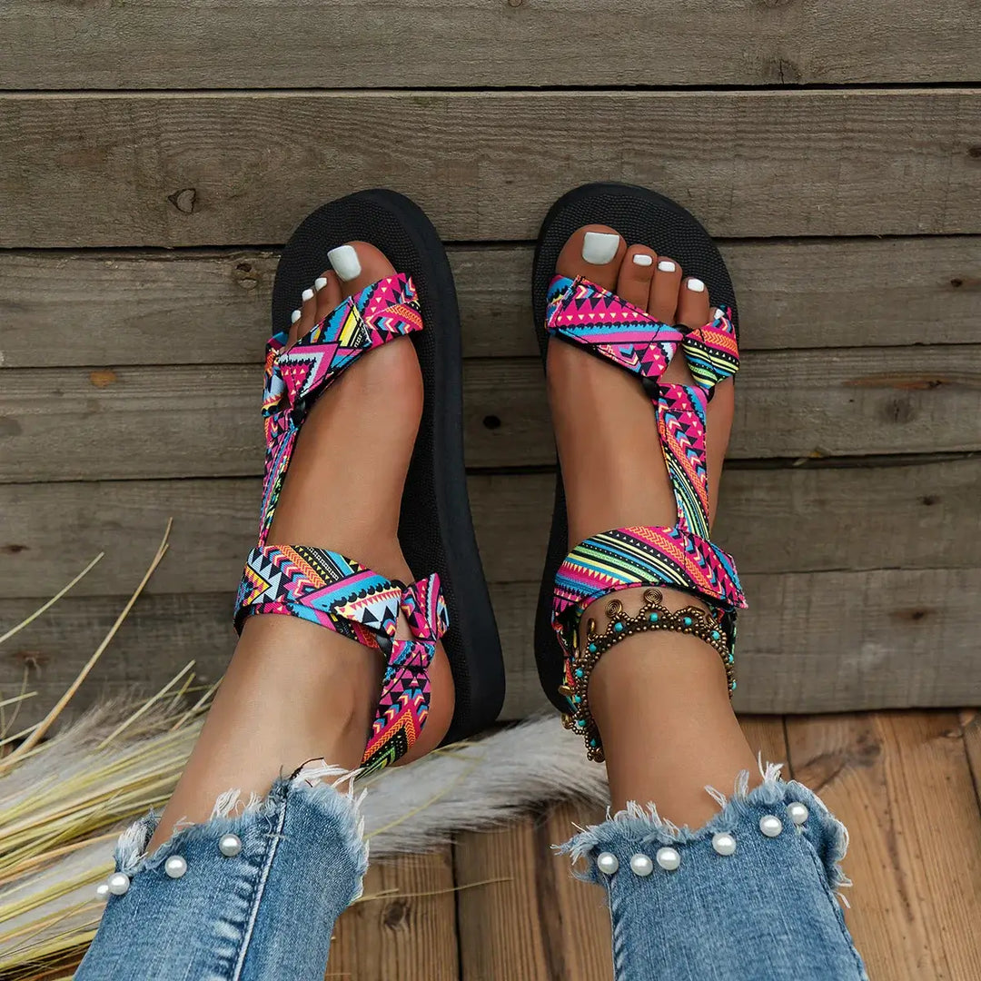 Model wearing Flat Rope Sandals, demonstrating their versatility for summer outfits.
