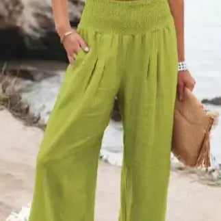 Vibrant fluorescent green elastic waist pants designed for style and comfort, featuring soft fabric and a durable finish, ideal for making a bold fashion statement.