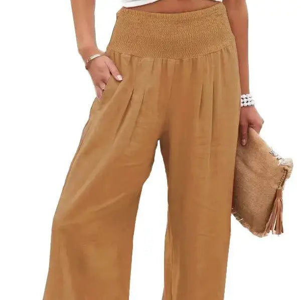 Light brown elastic waist pants featuring a soft, durable design that combines comfort and style, perfect for casual outings and versatile outfit pairing.