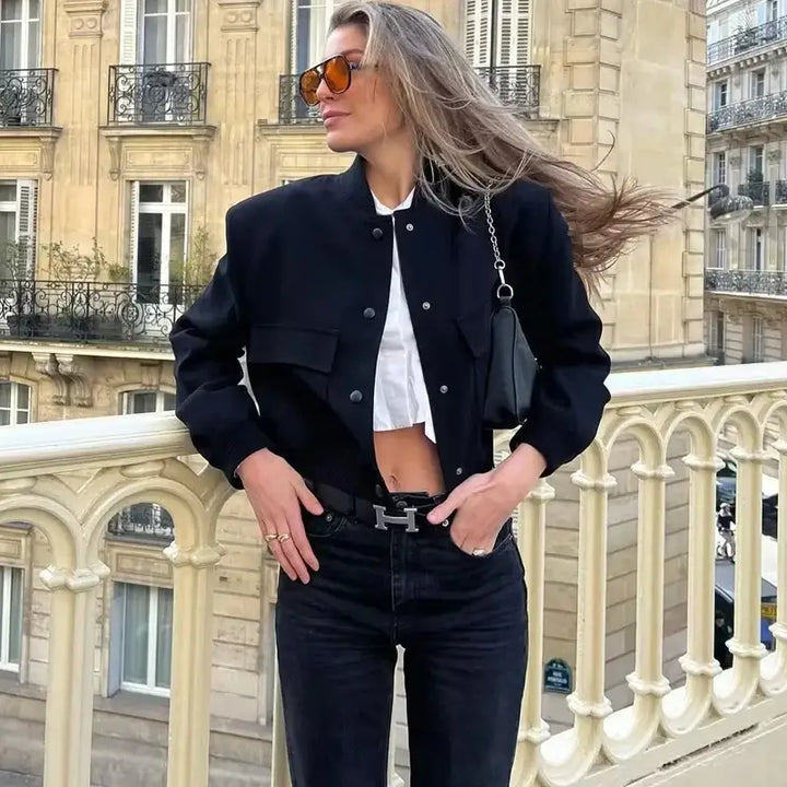 Front view of the stylish aviator jacket, showcasing its sleek lines and timeless design, perfect for adding a sophisticated touch to any outfit.
