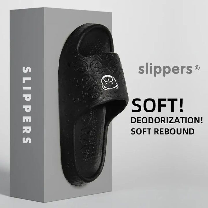 Unisex Non-Slip Slippers in sleek black, made from soft EVA material. These slippers feature cushioned insoles and non-slip soles, ideal for casual comfort.
